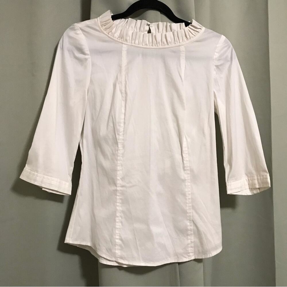 Trina Turk Ivory Ruffle Neckline 3/4 Length Blouse